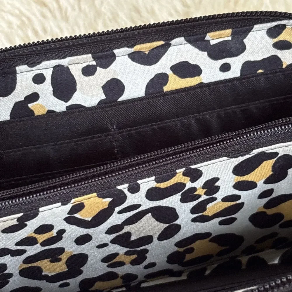 Vera Bradley Continental Style Wallet Black Quilted Zip Around, Leopard Print